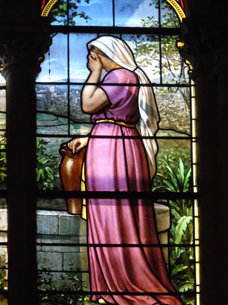 Claudius Lavergne, Le Christ et la Samaritaine, détail de la baie 7, vitrail, vers 1885-1886, église Saint-Pierre, Montbrison. Cliché : A. Gotrand