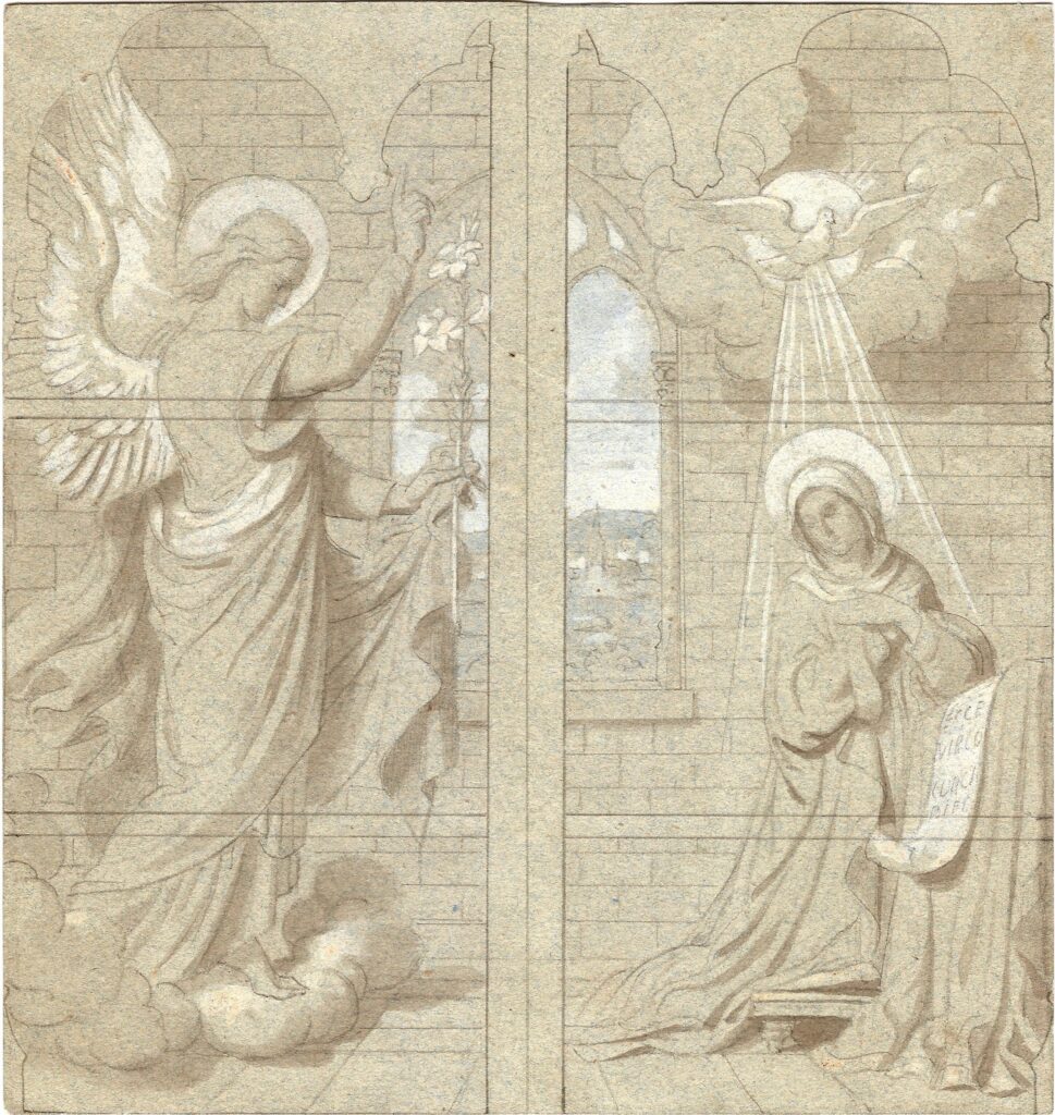 Claudius Lavergne, L’Annonciation, projet de vitrail, non daté (après 1857), graphite, lavis et gouache sur papier beige et bleu, H. 18,6 ; L. 19,5 cm, collection particulière. Cliché : A. Gotrand
